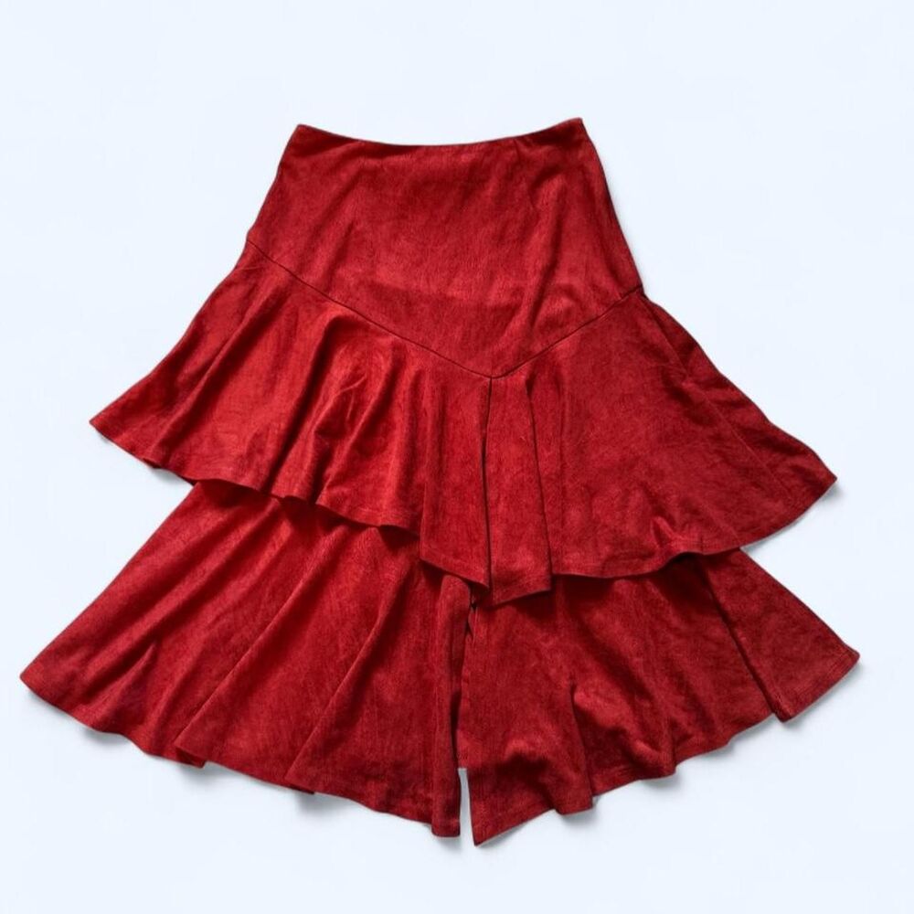 Flying-tomato Women's Red Faux Suede Tiered Skirt